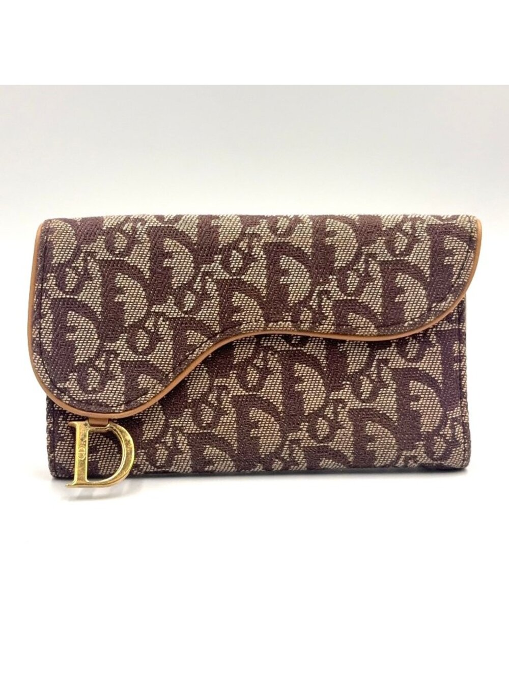 Dior Saddle Trotter Leather Canvas Brown Light Trifold Wallet Gold
